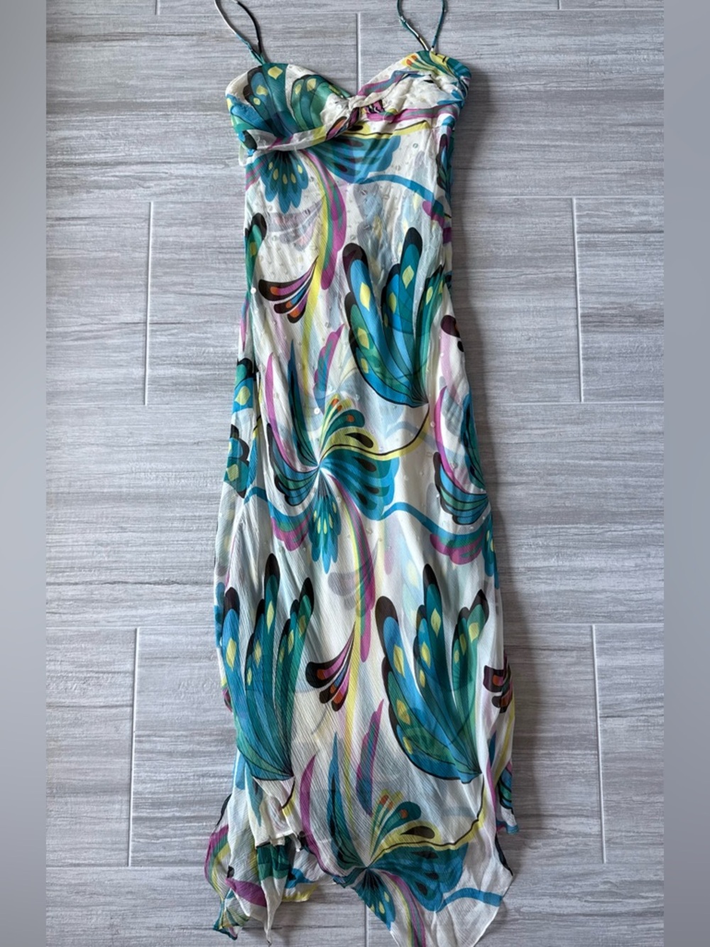 BCBGMaxAzria Butterfly White Maxi Dress with Teal, Blue & Pink Floral Print